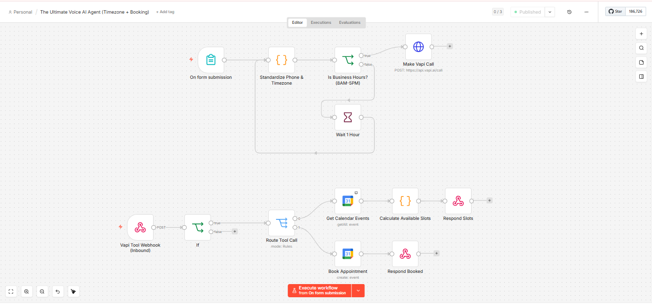n8n workflow for a timezone-aware Vapi outbound voice agent with calendar booking